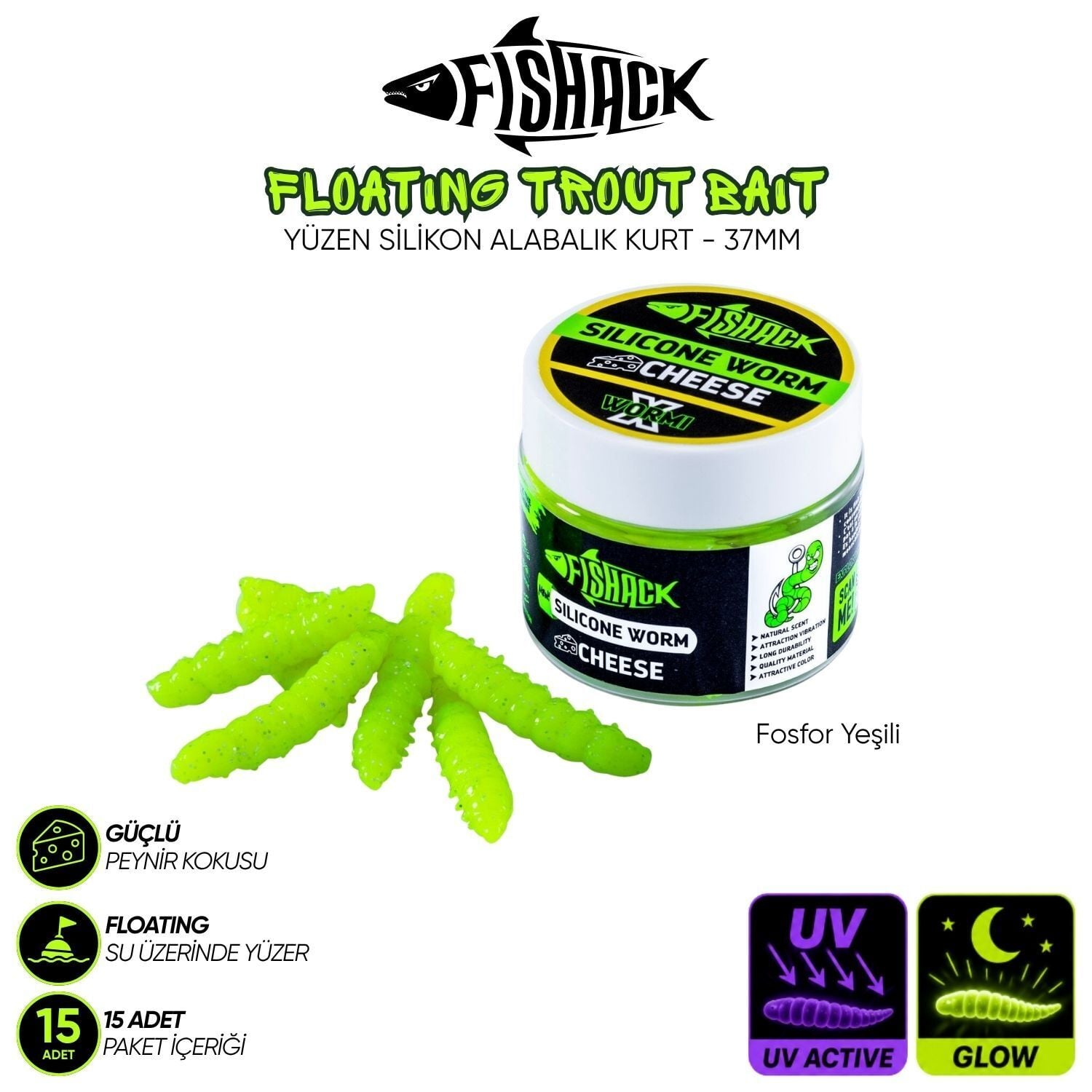 Yüzen Silikon Kurt - Glow Alabalık Yemi - 37mm - Peynir Kokulu - Fosfor Yeşili - Trout Bait