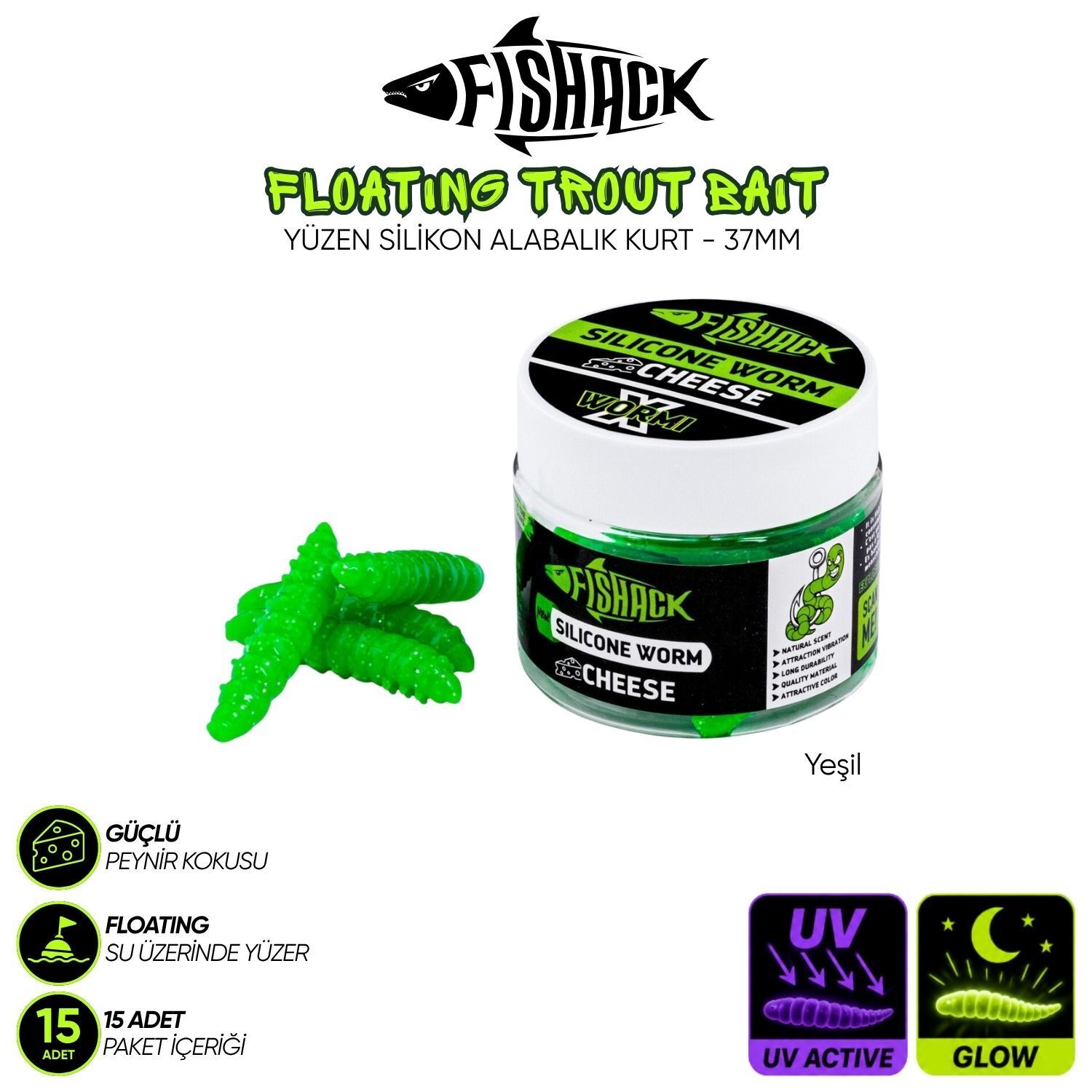 Yüzen Silikon Kurt - Glow Alabalık Yemi - 37mm - Peynir Kokulu - Yeşil - Trout Bait